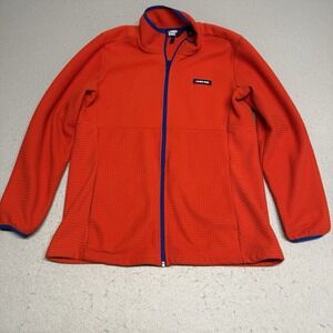 Lands End Womens Jacket Grid Fleece Full Zip Orange Blue Gorpcore Outdoors Large